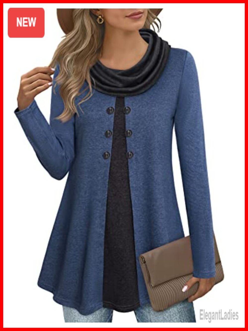 Women's Cowl Neck A-Line Tunic Top Long Sleeve Button Splicing